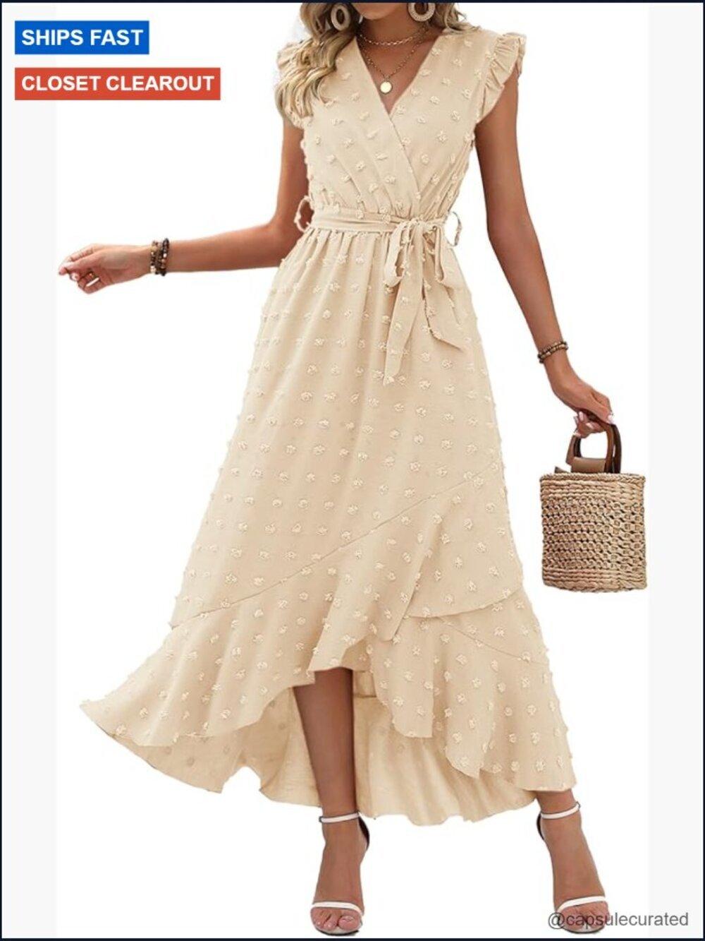 Swiss Dot Flowy Ruffle Maxi Dress Boho Cap Sleeve Wrap V Neck